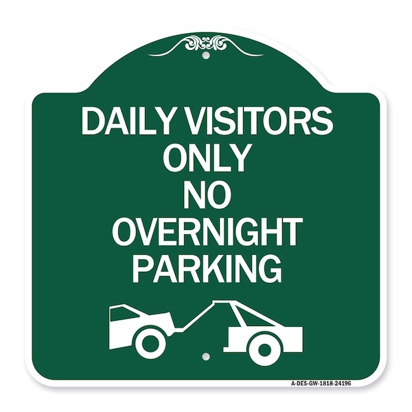 Signmission Day Visitors No Overnight Parking W/ Graphic, Green & White Aluminum Sign, 18" x 18", GW-1818-24196 A-DES-GW-1818-24196 - main
